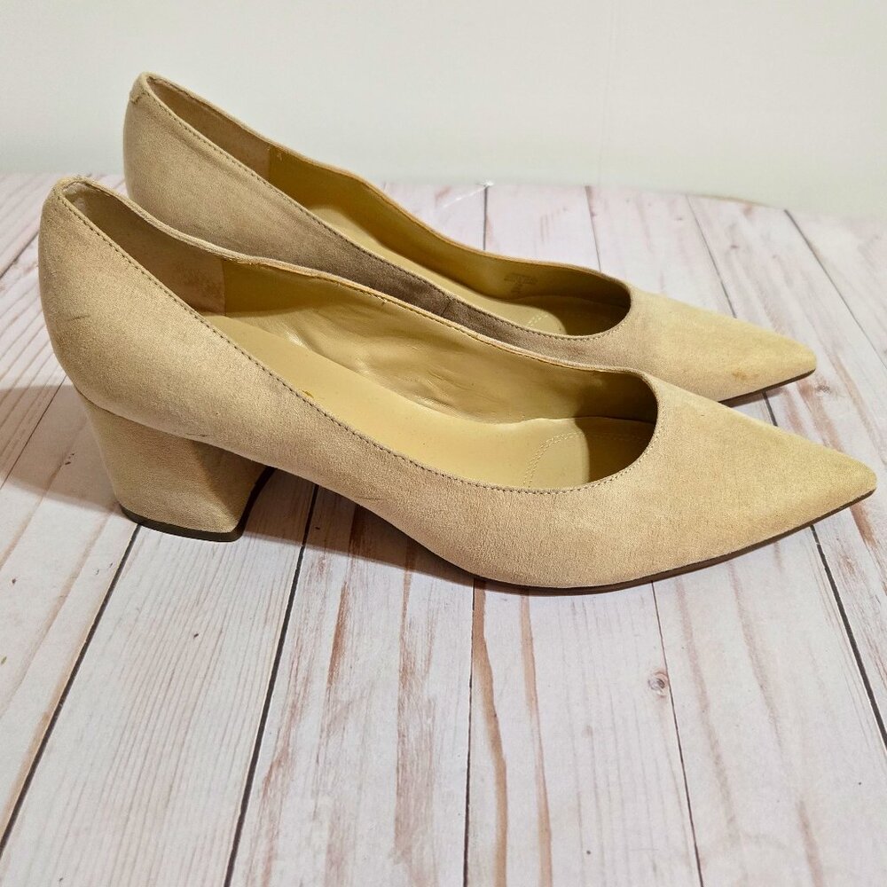 Unisa Light Beige Suede Pointed Block Heel Pumps